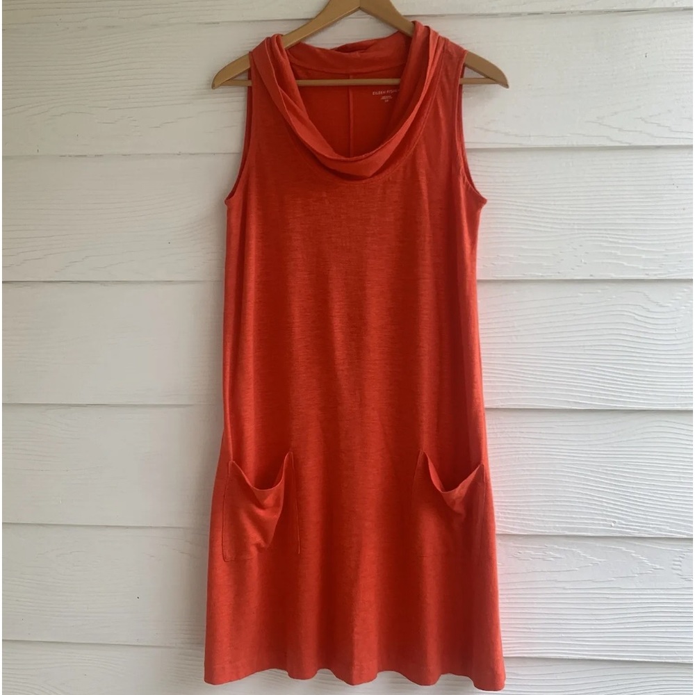 Eileen Fisher Organic Hemp Cotton Blend Shift Dress size Small Orange Cowl Neck